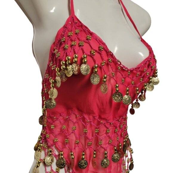Fuchsia Pink Belly Dancing Top Crocheted with Gold Beads Coins Halter Crop Top - Picture 5 of 6